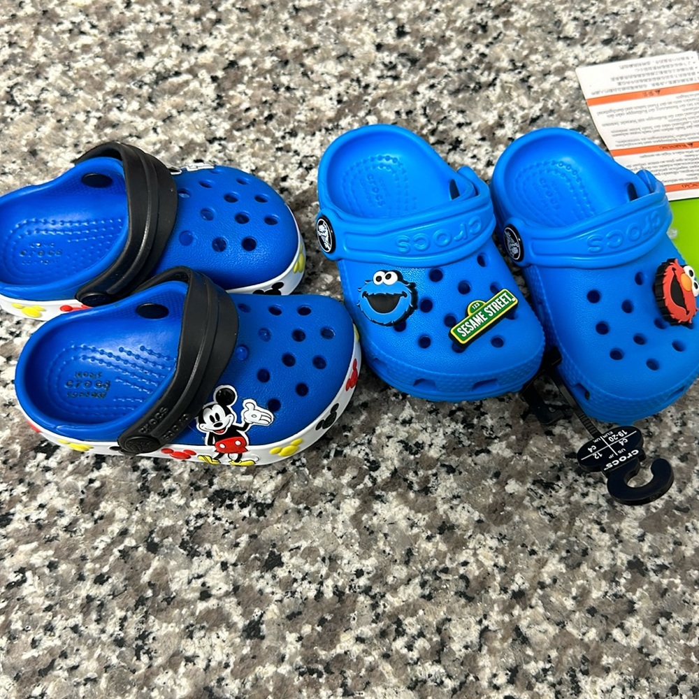2 pairs of 4c baby toddler crocs Mickey and Sesame Street